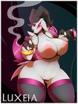  anthro areola baphomet big_areola big_breasts breasts butt caprine cigarette claws clothing collar demon female goat hair horn huge_breasts leash legwear long_hair looking_at_viewer luxeia mammal nipples nude piercing pink_eyes pussy r-mk scar smile smoke smoking stockings thick_thighs voluptuous 