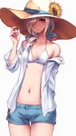  bikini bikini_top blue_eyes breasts collarbone cowboy_shot flower hair_over_one_eye hat hat_flower highres jacket long_hair looking_at_viewer navel off_shoulder oopartz_yang open_clothes open_jacket original shiny shiny_skin short_shorts shorts silver_hair simple_background small_breasts solo standing sun_hat swimsuit thigh_gap white_background white_bikini white_bikini_top 