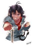  antenna_hair black_hair candle clenched_teeth commentary_request cosplay dougi idolmaster idolmaster_(classic) karate_gi kikuchi_makoto makoto_(street_fighter) makoto_(street_fighter)_(cosplay) namesake punching purple_eyes short_hair signature solo street_fighter sweat takahashi_umori teeth 