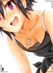  black_hair blurry breasts depth_of_field downblouse head_out_of_frame idol idolmaster idolmaster_(classic) idolmaster_million_live! kikuchi_makoto looking_at_viewer nipple_slip nipples purple_eyes short_hair small_breasts solo sweat tank_top upper_body viewfinder white_background yamada_naoko_(hideko1227) 