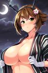  alternate_costume anchor_earrings blush breasts brown_hair crescent_moon earrings flower gloves green_eyes hair_flower hair_ornament headband headgear japanese_clothes jewelry kantai_collection kimono large_breasts moon mutsu_(kantai_collection) open_clothes short_hair solo white_gloves yuuki_hb 