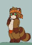  :&lt; amthro anthro barefoot blush bulge clothing cub flat_colors fluffy fluffy_tail full-length_portrait fundoshi green_eyes headband japanese_clothing looking_at_viewer luos_flow male mammal motion_lines portrait scratching slightly_chubby solo standing tanuki underwear young 