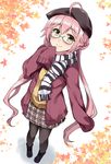  ahoge alternate_costume black_legwear casual glasses hair_between_eyes kantai_collection kusano_(torisukerabasu) leaf long_hair long_sleeves looking_at_viewer makigumo_(kantai_collection) maple_leaf pantyhose pink_hair scarf skirt sleeves_past_fingers sleeves_past_wrists smile solo striped striped_scarf twintails yellow_eyes 