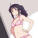  :&lt; ahoge bangs bare_arms bare_shoulders black_hair blush bra breasts brown_eyes chan_co cleavage closed_mouth commentary_request eyebrows_visible_through_hair frown hands_on_hips kimi_no_na_wa lingerie long_hair medium_breasts miyamizu_mitsuha navel panties personality_switch pink_bra pink_panties ponytail solo standing sweat underwear underwear_only v-shaped_eyebrows 