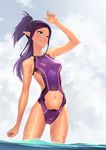  adapted_costume arm_up ass_visible_through_thighs blue_eyes blue_sky breasts cloud cowboy_shot day highres long_hair looking_up macross macross_delta medium_breasts mirage_farina_jenius navel navel_cutout ocean one-piece_swimsuit one_eye_closed outdoors pointy_ears ponytail purple_hair science_fiction sketch sky smile solo standing swimsuit tatsuwo wading water 