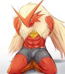  abs anthro avian blaziken blue_eyes blush bulge clothed clothing cum cum_in_clothing fklow hands_behind_back hi_res kneeling male nintendo open_mouth pok&eacute;mon saliva shorts simple_background solo topless video_games white_background yellow_sclera 
