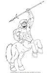  2014 5_fingers abs aether718 biceps black_and_white bracelet centaur digital_drawing_(artwork) digital_media_(artwork) equine equine_taur hair hi_res holding_object holding_weapon hooves jewelry john_r_wenzel line_art looking_at_viewer male mammal melee_weapon monochrome muscular muscular_male necklace nipples on_hind_legs open_mouth pecs polearm ryuu_majin signature simple_background smile solo spear taur weapon white_background 
