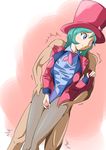  1boy 1girl absurdres blue_eyes censored dutch_angle earrings formal green_hair hat highres jacket jewelry leotard magician pantyhose penis pokemon pokemon_(anime) shizue_(pokemon) standing thigh_sex top_hat 