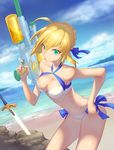  absurdres ahoge artoria_pendragon_(all) artoria_pendragon_(swimsuit_archer) ba_xiao bangs bare_shoulders beach bikini blonde_hair blue_bow bow breasts cleavage cloud collarbone criss-cross_halter day dutch_angle excalibur fate/grand_order fate/stay_night fate_(series) finger_on_trigger green_eyes gun hair_between_eyes hair_bow hair_ribbon halter_top halterneck hand_on_hip highres holding holding_gun holding_weapon index_finger_raised leaning_forward medium_breasts navel ocean outdoors planted_sword planted_weapon ribbon rock shiny shiny_skin short_hair sky smile solo sunlight super_soaker swimsuit sword water_gun weapon white_bikini 