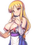  arc_the_lad areola_slip areolae bare_shoulders blonde_hair braid breasts brown_eyes cleavage collarbone dress dress_pull large_breasts lieza long_hair nagase_haruhito out_of_frame red_eyes simple_background solo_focus very_long_hair white_background 
