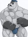  abs bear biceps black_nose bulge clothed clothing cum cum_on_body drooling eyewear facial_hair fur gloves hat huge_muscles league_of_legends male mammal manly muscular muscular_male mustache pecs polar_bear saliva smile solo speedo standing sunglasses swimsuit topless video_games volibear white_fur 