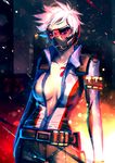  bakki belt breasts breasts_apart collarbone cowboy_shot embers face_mask facial_mark fire genderswap genderswap_(mtf) jacket long_sleeves looking_at_viewer mask medium_breasts no_bra no_shirt overwatch pants short_hair soldier:_76_(overwatch) solo tattoo unzipped visor white_hair 