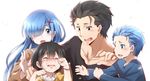  2girls alternate_hair_length alternate_hairstyle black_hair blue_eyes blue_hair crying family father_and_daughter father_and_son hair_ornament hair_over_one_eye highres husband_and_wife if_they_mated long_hair mother_and_daughter mother_and_son multiple_boys multiple_girls natsuki_rigel natsuki_spica natsuki_subaru re:zero_kara_hajimeru_isekai_seikatsu rem_(re:zero) short_hair sollyz tears what_if x_hair_ornament 