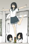 balancing bare_legs barefoot black_hair blush classroom closed_eyes closed_mouth commentary_request desk indoors jenga leg_up long_hair multiple_girls nkmt open_mouth original outstretched_arms pleated_skirt school school_desk school_uniform serafuku short_hair short_sleeves skirt standing standing_on_one_leg sweat tiptoes tree trembling 