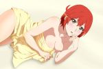  1girl ae-3803 bare_legs blush breasts cleavage hand_on_head hataraku_saibou looking_at_viewer lying medium_breasts on_side red_hair short_hair yellow_eyes 