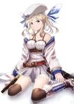  bare_shoulders belt beret between_breasts black_legwear blonde_hair blue_ribbon boots breasts closed_mouth commentary_request cucouroux_(granblue_fantasy) detached_sleeves dress granblue_fantasy green_eyes hair_ribbon hat long_hair long_sleeves looking_at_viewer loose_belt marusan medium_breasts over-kneehighs ribbon short_dress sitting smile solo strap_cleavage thighhighs twintails wariza white_background white_dress white_footwear zettai_ryouiki 