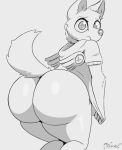  2019 anthro atlus big_butt bottomless butt canid canine canis clothed clothing digital_drawing_(artwork) digital_media_(artwork) dog hi_res huge_butt koromaru looking_at_viewer looking_back male mammal megami_tensei miso_souperstar monochrome persona signature sketch solo thick_thighs video_games 