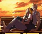  4_toes 5_fingers anthro bench black_nose blonde_hair blue_eyes cat clothed clothing detailed_background duo feline girly green_eyes hair hyena lion long_hair male mammal outside pawpags sitting sky ticl toes water 