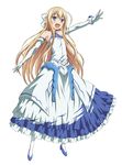  absurdres blonde_hair blue_eyes dress elbow_gloves fang full_body gloves highres long_hair looking_at_viewer open_mouth outstretched_arm rokujouma_no_shinryakusha!? simple_background sleeveless solo theiamillis_gre_fortorthe white_background white_legwear 