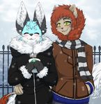  anthro beverage blush canine clothed clothing coffee duo feline fox lion lovelesskiax male mammal mittens outside scarf smile snow standing 