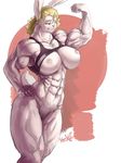  2016 abs armpits biceps big_breasts blonde_hair breasts ear_piercing female flexing hair lagomorph mammal muscular muscular_female navel nipples piercing pussy rabbit smile solo weaselwolf 