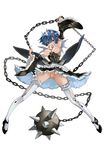  1girl areolae armpits ball_and_chain blue_eyes blue_hair breasts breasts_outside chains detached_sleeves flail frilled_dress frilled_sleeves frills garter_belt hair_ornament hair_ribbon hairclip highres horn large_breasts maid nipples oni_horns open_mouth outstretched_arms pussy re:zero_kara_hajimeru_isekai_seikatsu rem_(re:zero) short_hair simple_background solo spread_legs thighhighs uncensored weapon white_legwear 