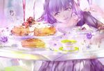  ayakami berries butter cup dress flower food fork hair_ornament hairclip knife long_hair looking_at_viewer nail_polish napkin original petals pink_nails plate purple_dress purple_eyes purple_hair purple_nails sitting solo spoon table teacup waffle whipped_cream 