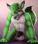  2019 animal_genitalia animal_penis anthro balls canid canine digital_media_(artwork) erection eyewear fox fur glasses green_fur jonas-puppeh knot looking_at_viewer male mammal nude penis pinup pose shadownight simple_background solo tongue tongue_out white_fur 