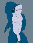  anthro armpits balls biceps blue_skin fin fish flaccid front_view humanoid_penis looking_at_viewer male marine muscular muscular_male nintendo nude open_mouth partially_retracted_foreskin pecks penis pok&eacute;mon posexe red_eyes shark sharpedo simple_background solo standing teeth two-tone_skin uncut video_games white_skin 