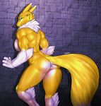  2016 anthro butt canine digimon female fox fur mammal muscular muscular_female nude pussy raining renamon solo thunder-renamon water wet white_fur yellow_fur 