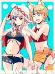  animal_ears bangs black_border blonde_hair border fang fire_emblem fire_emblem_if fox_ears fox_tail hair_ornament hands_on_another's_shoulders highlights hood jpeg_artifacts kinu_(fire_emblem_if) kiriya_(552260) kitsune multicolored_hair multiple_girls navel one_eye_closed open_mouth red_eyes ribbon sidelocks simple_background sparkle tail velour_(fire_emblem_if) wolf_ears wolf_tail yellow_eyes 