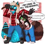  anthro axe clothed clothing duo english_text feline female lovelesskiax lucario male mammal melee_weapon nintendo open_mouth pok&eacute;mon remmmy smile standing text video_games weapon 