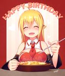  ^_^ ahoge antenna_hair artist_name bare_shoulders blonde_hair blueberry_(5959) blush breasts cleavage closed_eyes detached_sleeves food hair_between_eyes happy_birthday holding holding_spoon large_breasts long_hair open_mouth sitting sleeveless smile solo spoon steam teeth tsurumaki_maki voiceroid 