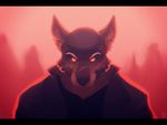  2015 anthro black_nose bust_portrait canine clothed clothing digital_media_(artwork) facial_scar front_view fur jacket letterbox looking_at_viewer male mammal portrait red_eyes restricted_palette scar serious signature solo stare vetrowolf wolf 