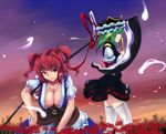  arm_garter black_skirt black_vest breasts cleavage closed_eyes closed_mouth collarbone commentary_request dress field flower flower_field from_side green_hair hair_bobbles hair_ornament hat hat_ribbon hitodama japanese_clothes juliet_sleeves large_breasts long_sleeves looking_at_another multiple_girls obi onozuka_komachi profile puffy_short_sleeves puffy_sleeves red_eyes red_hair red_ribbon ribbon rod_of_remorse sash scythe shiki_eiki short_sleeves skirt skirt_set small_breasts smile spider_lily tenyunkel thighhighs touhou two_side_up vest white_legwear white_ribbon 