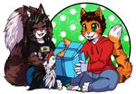  anthro clothed clothing duo feline female gift lovelesskiax male mammal open_mouth remmmy sitting smile tiger 