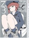  bad_id bad_twitter_id bangs blunt_bangs brown_eyes brown_hair closed_mouth commentary_request dress expressionless gomennasai grey_background hat kantai_collection leg_hug long_sleeves looking_at_viewer military military_hat military_uniform rigging sailor_dress sailor_hat short_hair sidelocks sitting sketch solo translation_request uniform z3_max_schultz_(kantai_collection) 