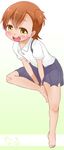  1girl barakamon barefoot blush child eyebrows feet female kazuya_lolicon kotoishi_naru looking_at_viewer open_mouth school_uniform shiny shiny_hair shiny_skin simple_background skirt solo standing_on_one_leg uniform white_background 