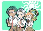  2boys benishiro chibi closed_eyes danganronpa danganronpa_3 food hair_ribbon ice_cream kibougamine_gakuen_school_uniform long_hair multiple_boys munakata_kyousuke orange_hair ribbon sakakura_juuzou school_uniform smile yukizome_chisa 