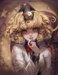  animal animal_on_head blonde_hair bow cat cat_on_head curly_hair eyelashes fang hair_ornament hairclip highres jewelry lips loli_ruri on_head orange_eyes phong_anh pointy_ears puffy_sleeves ragnarok_online red_bow ring short_hair solo yin_yang 