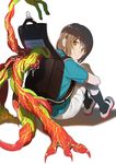  aqua_shirt backpack bag black_legwear brown_eyes brown_hair commentary erubo hair_between_eyes looking_back male_focus monster original randoseru shirt shorts sitting smile socks solo t-shirt white_background white_shorts 