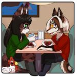 anthro beverage canine clothed clothing duo feline female food fox inside lovelesskiax mammal pizza remmmy sitting 