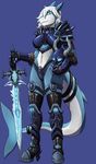  absurd_res anthro armor clothed clothing female fish hi_res looking_at_viewer marine melee_weapon neltharion290 shark simple_background smile solo sword weapon 