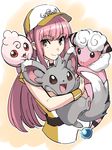  armband bangs baseball_cap belt blunt_bangs dress fate/grand_order fate_(series) flaaffy gen_2_pokemon gen_5_pokemon hat holding holding_pokemon igglybuff long_hair looking_at_viewer medb_(fate)_(all) medb_(fate/grand_order) minccino on_shoulder open_mouth pink_hair pokemon pokemon_(creature) pokemon_on_shoulder shimo_(s_kaminaka) short_sleeves simple_background smile upper_body yellow_eyes yellow_hat 