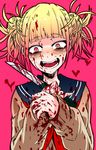  1girl bags_under_eyes bangs blonde_hair blood blood_on_face bloody_clothes bloody_weapon blunt_bangs boku_no_hero_academia cardigan double_bun fangs highres itosiki_zetu knife open_mouth pink_background pinky_out school_uniform serafuku smile solo toga_himiko upper_body weapon yellow_eyes 