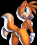  2018 2_tails anthro black_background blue_eyes breasts butt canid canine clothing crossgender dipstick_tail eyelashes female fox fur gloves lighting looking_at_viewer looking_back low-angle_view mammal miles_prower multi_tail multicolored_tail nude rear_view side_boob simple_background solo sonic_(series) xylas yellow_fur 