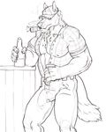  2015 5_fingers alcohol anthro badcoyote beer belt beverage biceps black_and_white bottle bulge canine cigar claws clothed clothing cup digital_drawing_(artwork) digital_media_(artwork) erection erection_under_clothes hat holding_object line_art looking_at_viewer male mammal monochrome muscular muscular_male nipple_bulge open_shirt pants pecs portrait shirt simple_background smoke smoking solo standing three-quarter_portrait white_background wolf 
