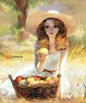  basket brown_eyes brown_hair dress field flat_chest food fruit hat highres lips long_hair original outdoors pear phong_anh solo strap_slip summer sun_hat white_dress 