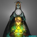  2016 3d_(artwork) absurd_res clothed clothing digital_media_(artwork) duo eyes_closed female front_view gambitprix glowing hair hi_res humanoid hylian link male mammal midna nintendo not_furry simple_background standing the_legend_of_zelda triforce twili twilight_princess video_games 