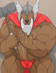  armor bear beard biceps black_nose bulge cape clothed clothing cum cum_on_body facial_hair fur hammer helmet male mammal manly muscular muscular_male pecs solo tools topless urthor 